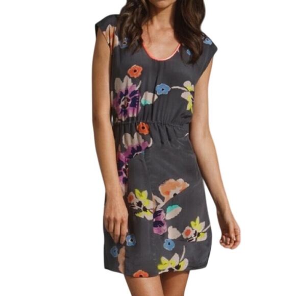 Rebecca Taylor Dress Floral 100% Silk Mini Short Sleeve Cut Out Back Gray 4 - Picture 1 of 9